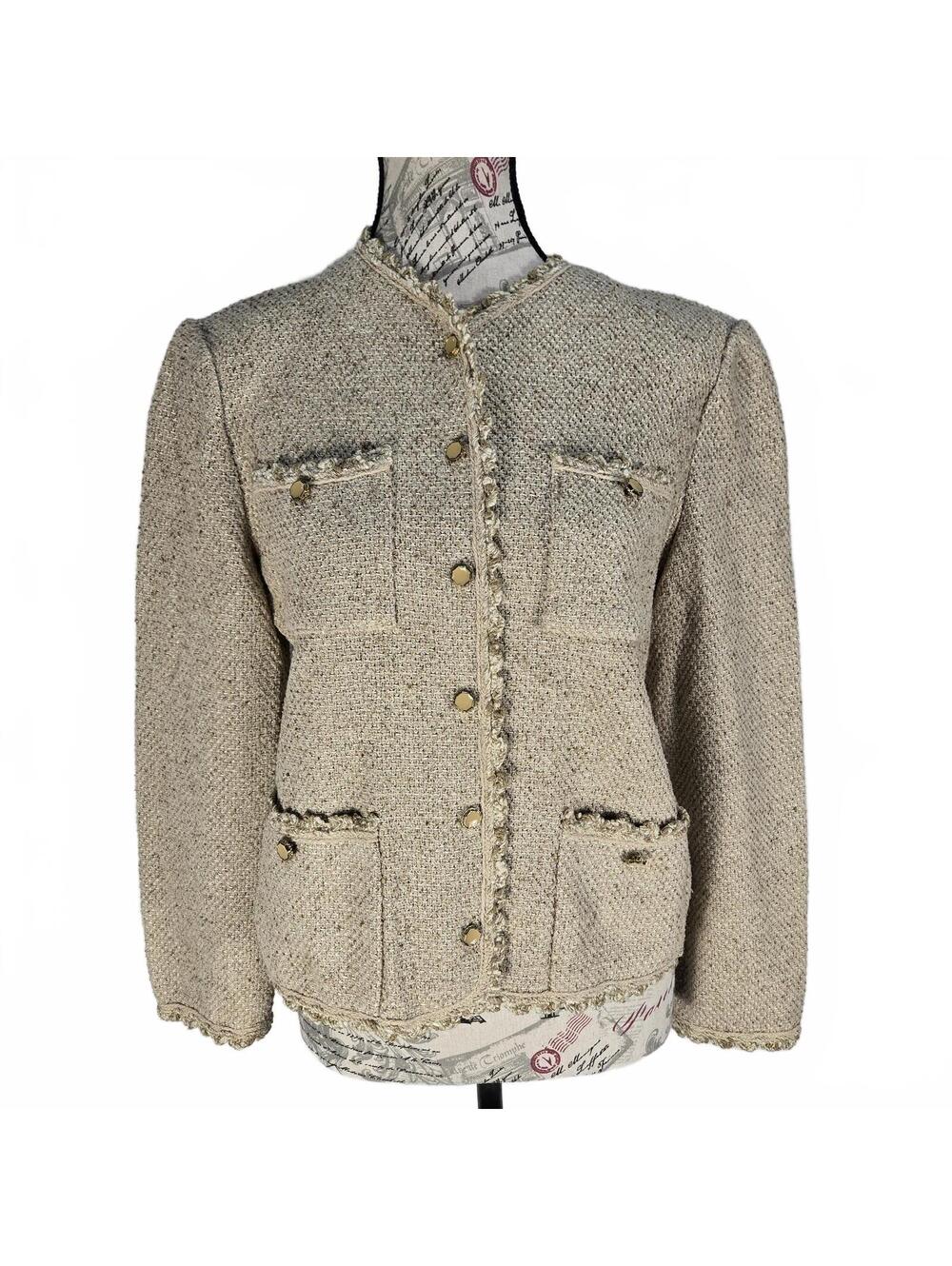 Castleberry Vintage 90s Knit Tweed Jacket Silk Wool Blend Tan Beige Gold Sz 12